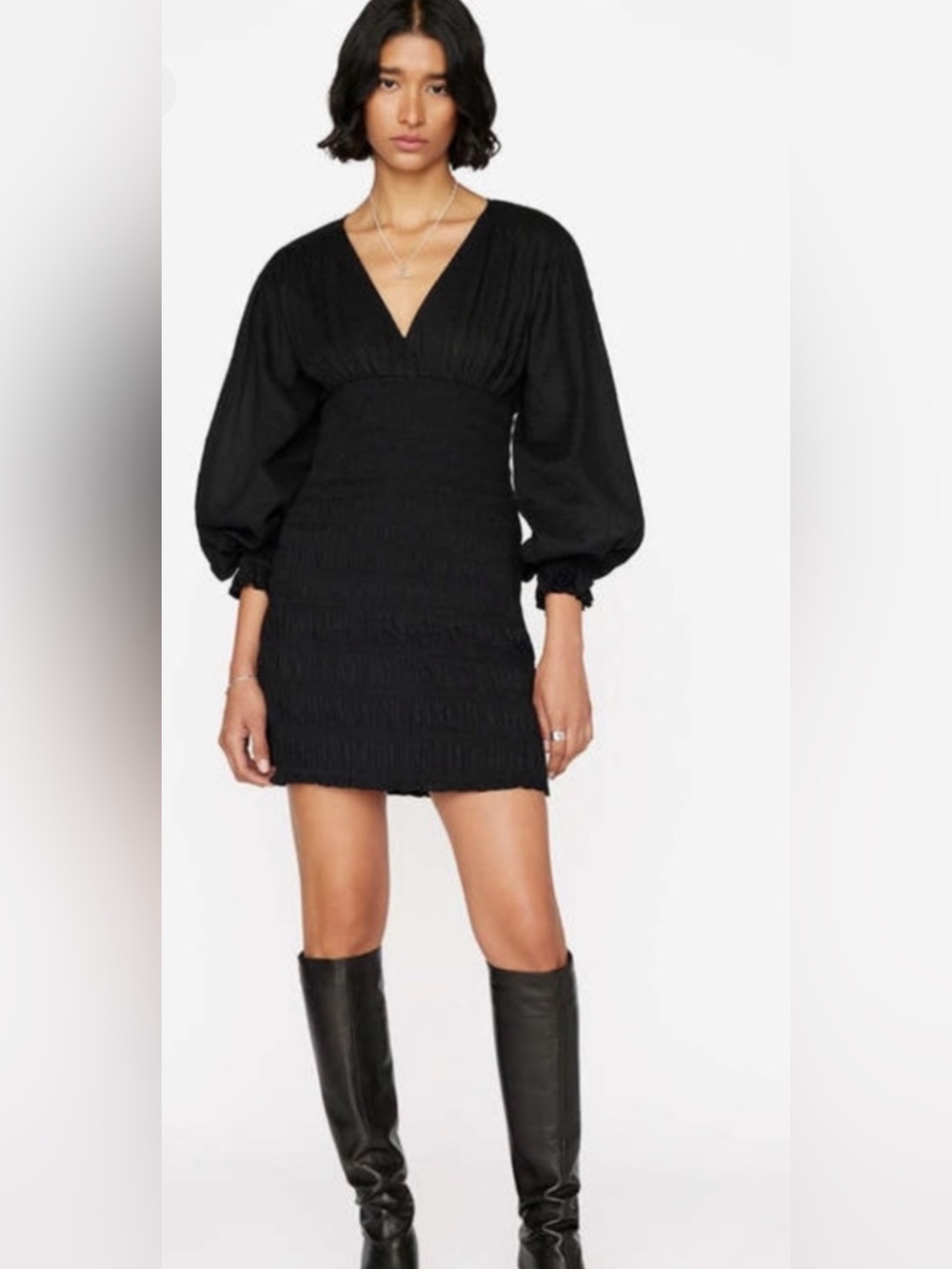 Frame V-Neck Smocked Puff Sleeve Mini Dress In Black Noir